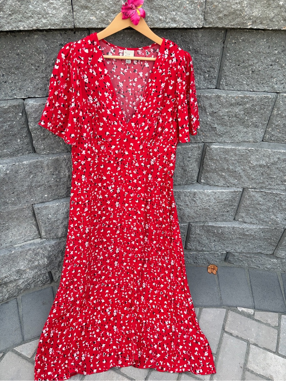 A New Day - Red Floral V-Neck Midi Dress Size 12